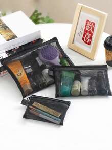 1pc Large Capacity Mesh Cosmetic Bag, Portable Breathable Toiletry Bag, Travel Makeup Bag, Cosmetic Organizer Bag, Daily Necessities Organizer, Makeup Bag, Skincare Bag, Toiletry Bag, Travel Essential, Cruise Essential, Dorm Essential, Bridesmaid Gift, Mother's Gift, Birthday Gift, Gift For Friends And Teachers, Home Decor - Black - View 2