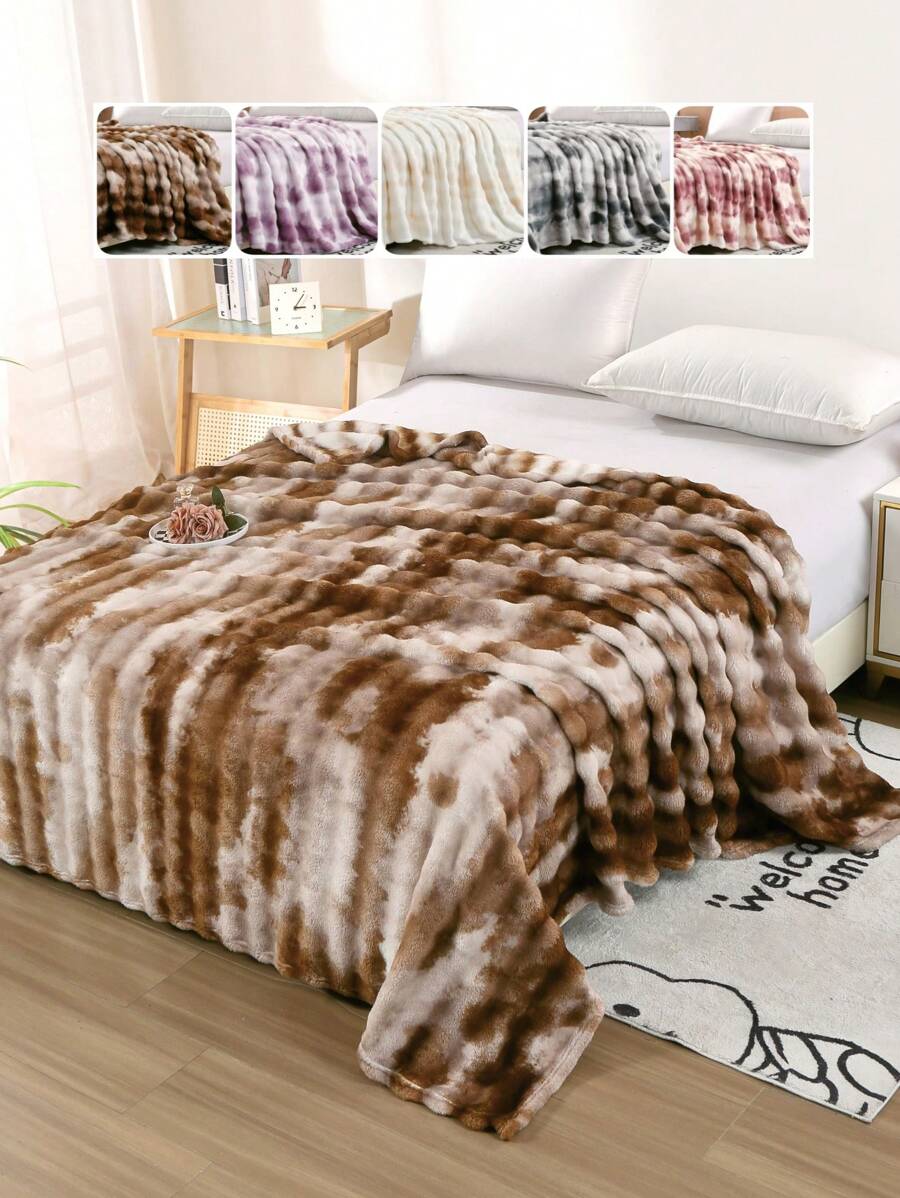 1pc Ink-Dyed Faux Mink Fleece Blanket, Plush Rabbit Fur Quilt, Soft And Warm Reversible Travel/Bed Blanket, Suitable For Living Room, Sofa, Bedroom, Dormitory - Coffee Brown - View 1