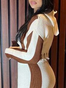 LovelyWholesale 條紋圖案灰色流蘇下擺角落肩針織開衫 - 棕色 - 查看 9