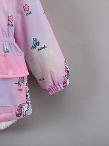 年轻女孩时尚渐变色独角兽印花加厚保暖内衬连帽拉链夹克，秋冬 - 粉色 - 查看 6