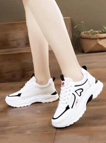 女士休闲时尚厚底厚底运动鞋，轻便舒适街头风格运动鞋 - 白黑 - 查看 5