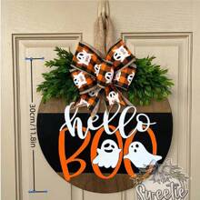 Halloween Willkommensdekorationen, Halloween Willkommensschild zum Aufhängen für die Haustür, Halloween Holztürhänger Kranz mit Schleife für Halloween Heim- und Außenbereich Wanddekoration ("Hallo Buh")