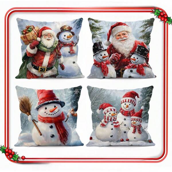 4 Stücke Kissenbezüge mit Schneemann Motiv, 45*45cm