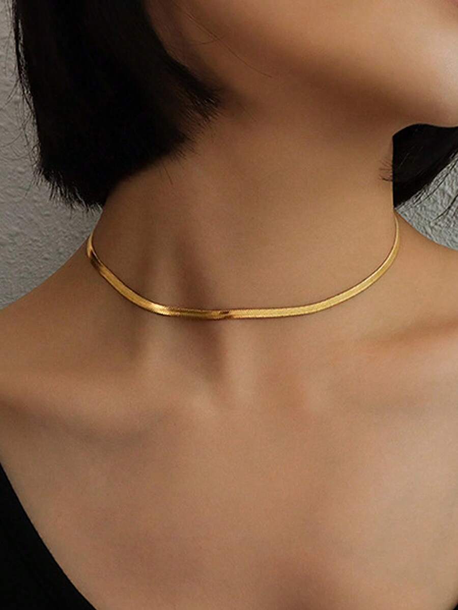 1pc Gold Fashionable Simple Chain Stainless Steel Jewelry Necklace With Unique Personalized - Gold - View 1
