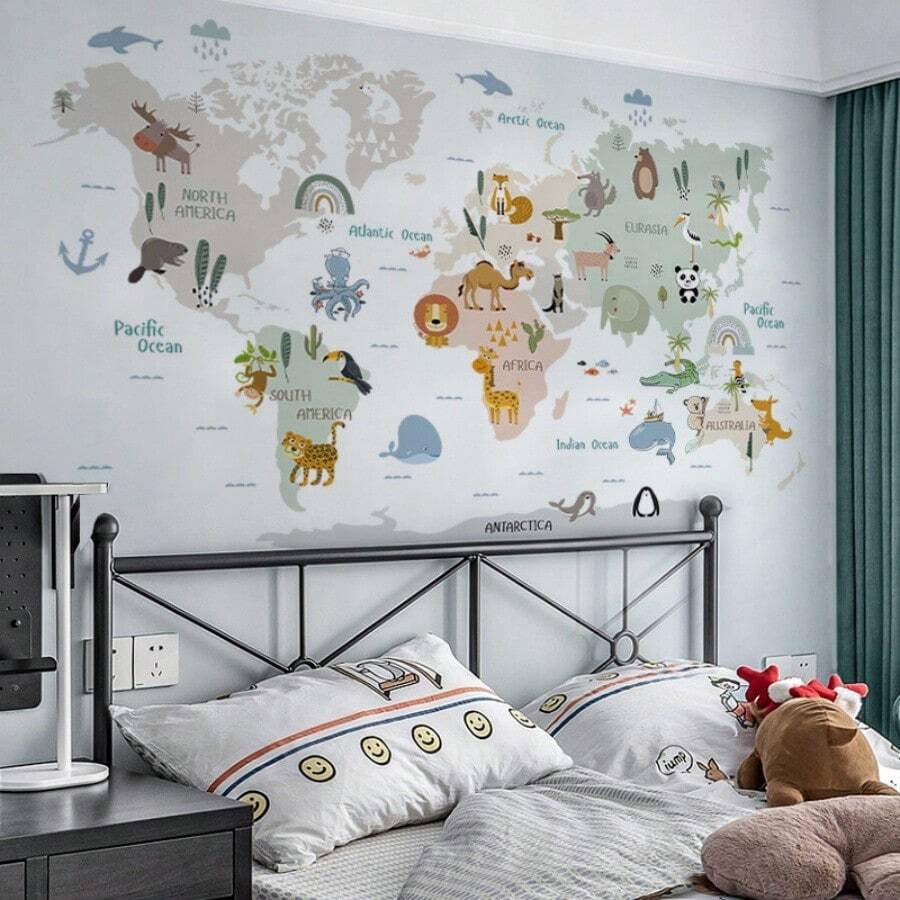 WholeNight 2pcs/Set World Map Wall Decals, 90x30cm, Includes Animal