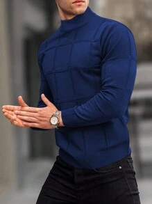 Men's Plaid Jacquard Turtleneck Fashionable Sweater - 藏蓝色 - 查看 1