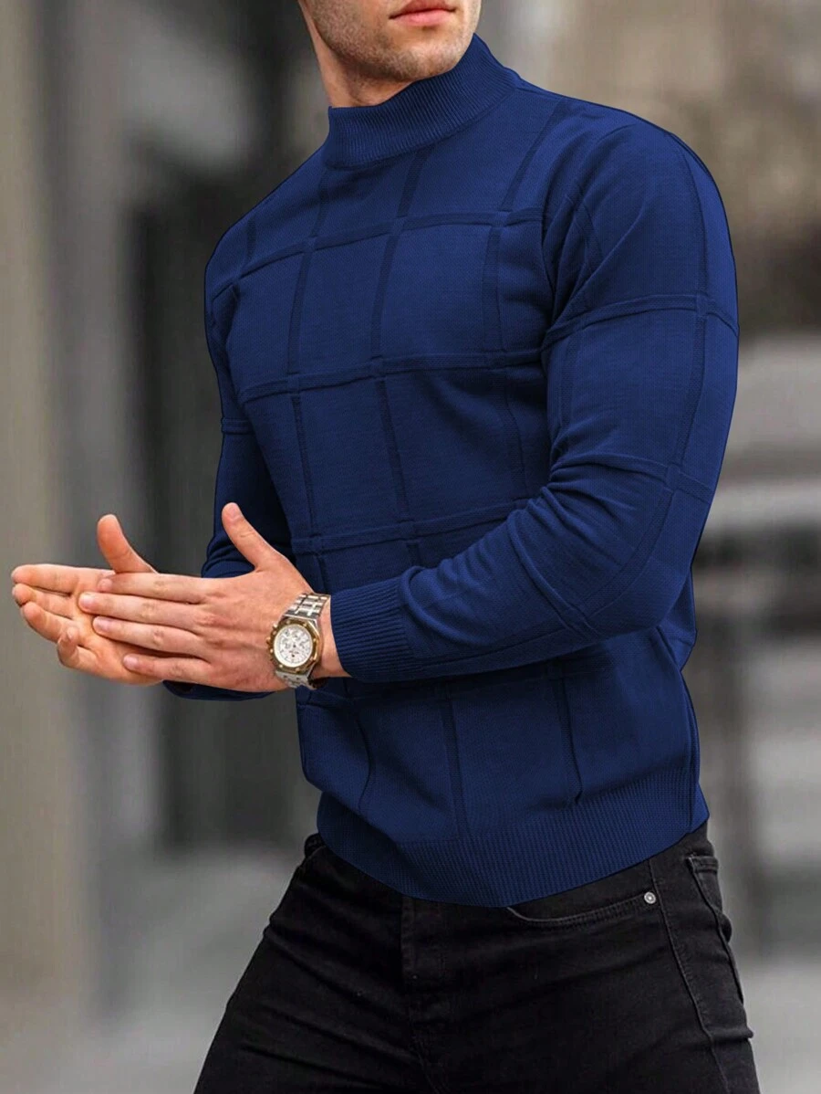 Men's Plaid Jacquard Turtleneck Fashionable Sweater - 藏蓝色 - 查看 1