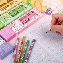 5入組/套卡通圖案鉛筆帶橡皮和卷筆刀和卡通動物印花鉛筆套裝適用於學校學生