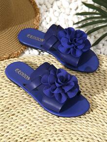 Breezelady Women's Large Flower Design Solid Color Flat Sandals Leather Material Round Toe Flat Elegant Sandals Suitable For Summer Parties, Beach Work, Weddings, Daily Life - 寶藍色 - 查看 8