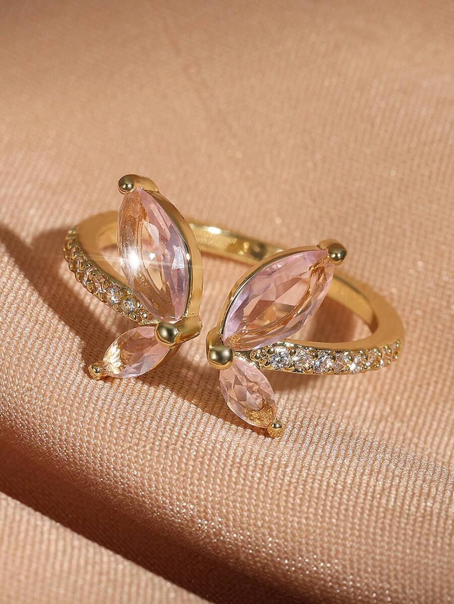 1pc Fashion Cubic Zirconia Butterfly Adjustable Ring For Women - Pink Gold Plated - View 1