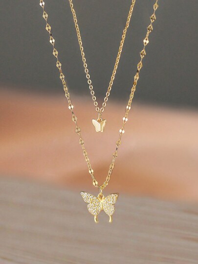 1pc Double-Layered Gold-Tone Butterfly Necklace With Rhinestones, Alloy Material, Perfect Gift For Girlfriend