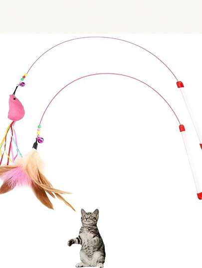 1 件/2 件逗猫玩具，带 2 件魔杖玩具的互动猫玩具，一体成型钢丝更灵活耐用，有趣的小猫玩具，猫羽毛玩具，适合无聊的室内猫追逐和锻炼（颜色随机）