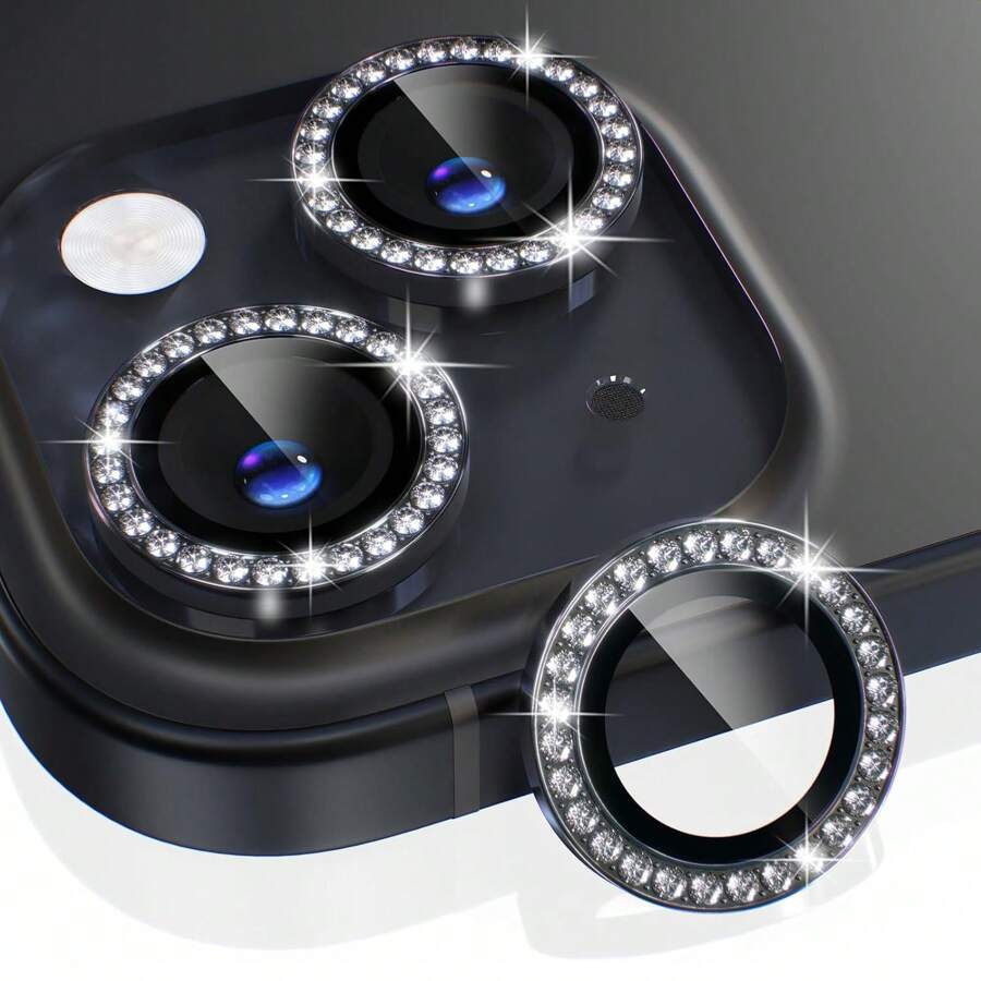 Protector de lente de cámara compatible con iPhone 11-15 Pro Max Bling, protector de pantalla de vidrio templado 9H, cubierta de cámara con anillo de metal decorativo (Rhinestone-Negro) Resistente al agua, a los golpes, a las caídas y a los arañazos, antihuellas dactilares y de cobertura completa