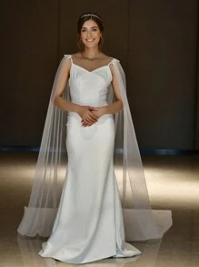 Long Bridal Cape With Lace Tulle Shawl Removable Bride Sleeves Cathedral Veil Wedding Accessories For Wedding, Party, Photography, Travel Valentine's Day