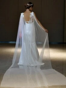 Long Bridal Cape With Lace Tulle Shawl Removable Bride Sleeves Cathedral Veil Wedding Accessories For Wedding, Party, Photography, Travel Valentine's Day