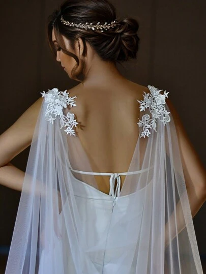 Chal nupcial largo con chal de encaje y gasa desmontable, mangas nupciales desmontables y velo de catedral, accesorio ideal para bodas, fiestas, fotografía, viajes, el Día de San Valentín y el otoño para mujeres