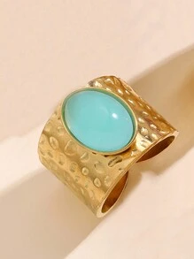 1 件不锈钢时尚复古风格女士彩色宝石开口戒指，3 件混合款式，颜色随机，适合女性日常佩戴或送礼 - 金黃色 - 查看 14