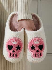 Dép vải mới cho nam và nữ trong lễ Halloween, họa tiết bộ xương chó ma và thiết kế bí ngô, dép đi trong nhà ấm áp bằng vải nhung, cỡ lớn - Hồng - Xem 4