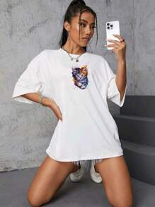 Oversized Women's Casual Off-Shoulder T-Shirt 100% Cotton With Cat Print - 白色 - 查看 1