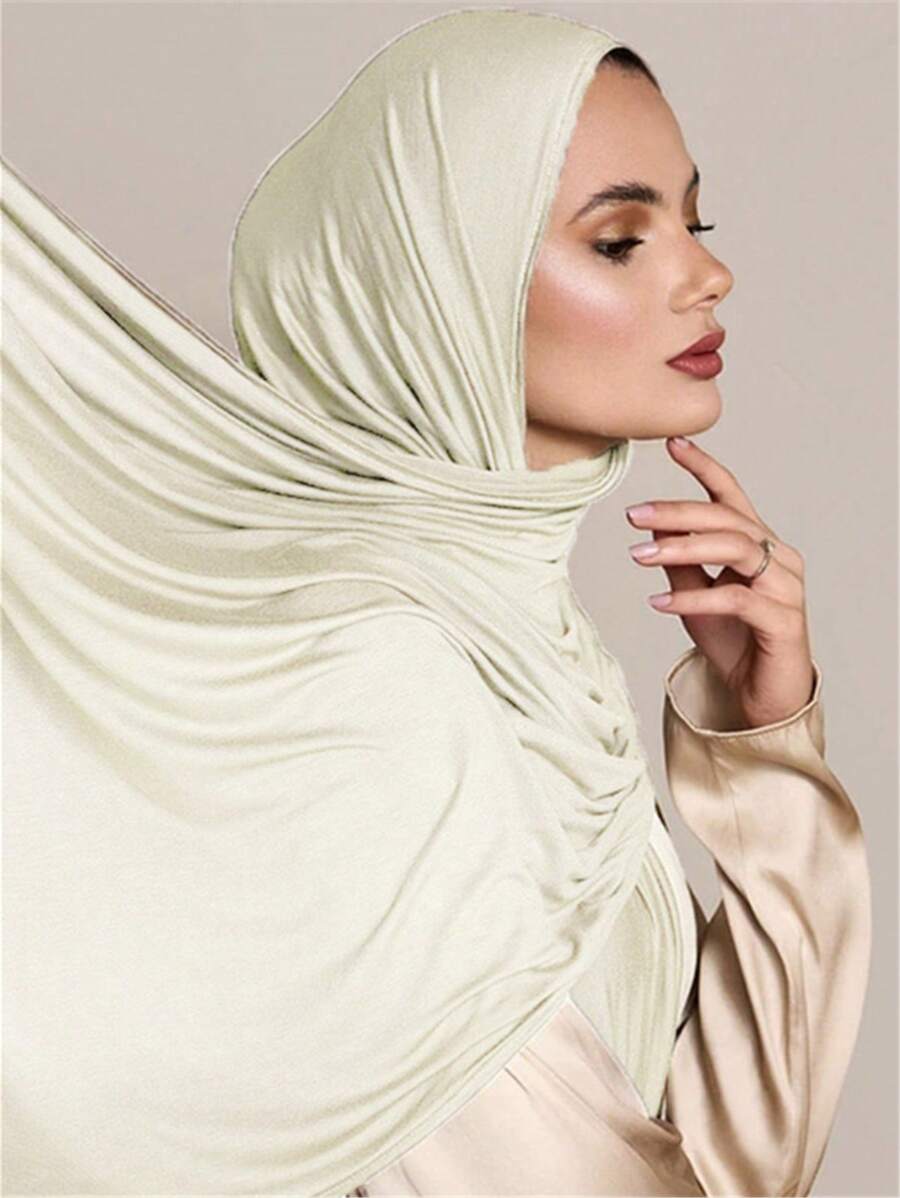 1pc Women's Plus Size Knitted Headscarf/Shawl, Soft Casual Long Robe Accessory, Solid Color Scarf/Headband/Face Veil - Light Beige - View 1