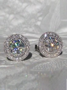 新款韩式耳环镶嵌闪亮圆形方晶锆石，优雅大方女式耳钉 - 銀色 - 查看 5