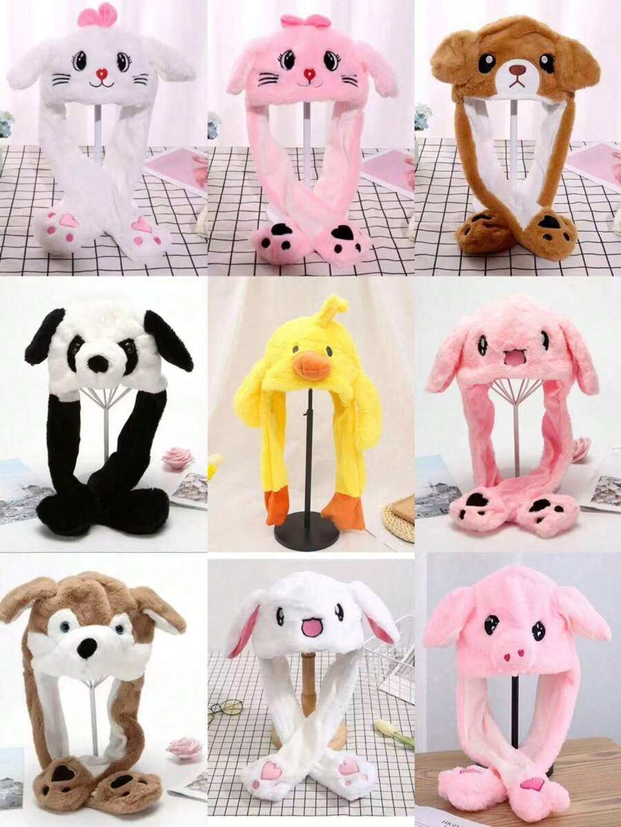 Cute Cartoon Ear Embroidery Airbag Fluffy Hat With Moving Ears, Autumn/Winter