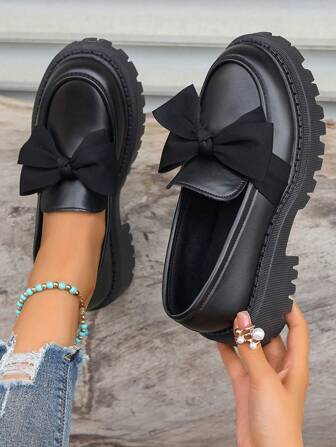 Women's Loafers Suitable For All Seasons, Slip-On Small Leather Shoes, Comfortable Casual Flat Shoes, Thick-Soled Loafers, Lightweight Flat Work Shoes, Student Shoes, Women's Shoes With Bow Accent