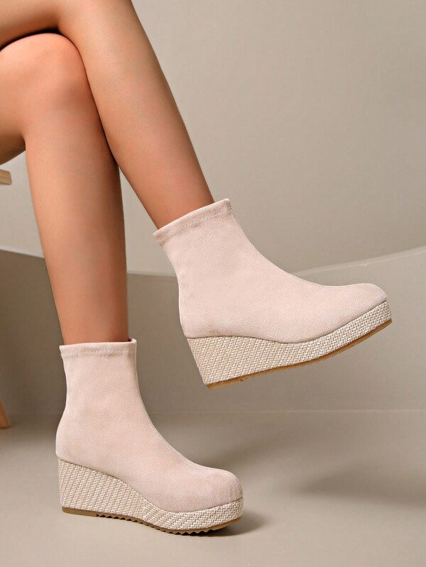 1 Paio Di Stivali Alla Caviglia Da Donna Con Zeppa, Suola Spessa, Fondo Elasticizzato In Tessuto Intrecciato, Adatti Per L'inverno