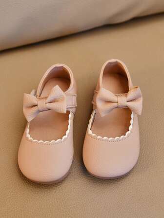 1 Pair Baby Girls Bow Decor Hook And Loop Casual Flat Shoes, Soft Bottom Anti-Slip Leather Loafers For Toddlers