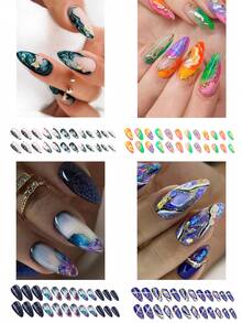 Conjunto de uñas postizas artísticas en relieve con forma de almendra, de longitud media, textura de mármol en degradado con teñido de corbata, papel de aluminio dorado y tachuelas para mujeres (96 piezas), incluye 4 jaleas y 4 limas, removibles, suministros para uñas para agregar  infinito - Multicolor - Ver 2