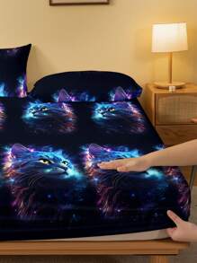 1pc Minimalist Modern Animal Star Rhinestones Cat Pattern Printed Washed Fitted Sheet, Bedroom Printed Bedspread (Pillow Case Not Included) - Multicolor - View 4