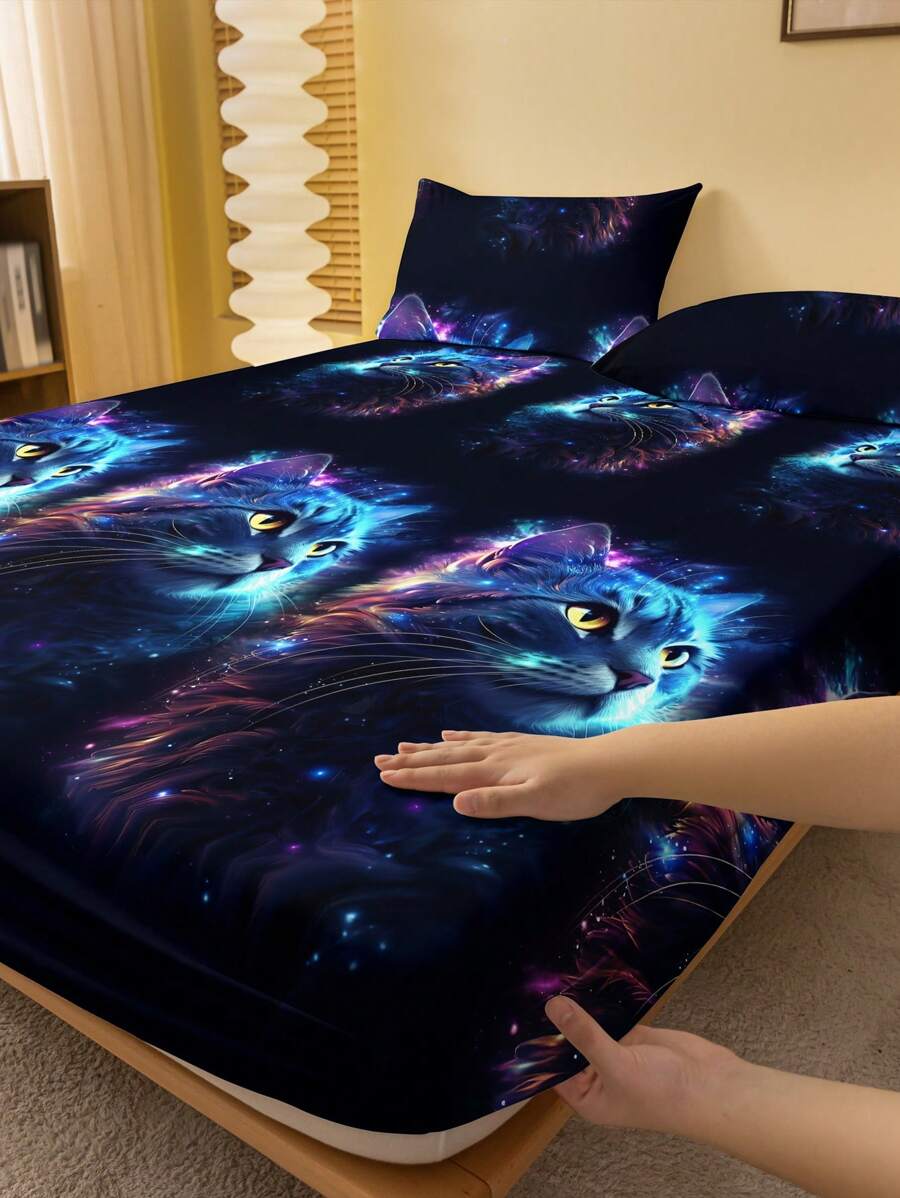 1pc Minimalist Modern Animal Star Rhinestones Cat Pattern Printed Washed Fitted Sheet, Bedroom Printed Bedspread (Pillow Case Not Included) - Multicolor - View 1