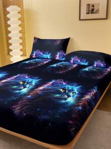1pc Minimalist Modern Animal Star Rhinestones Cat Pattern Printed Washed Fitted Sheet, Bedroom Printed Bedspread (Pillow Case Not Included) - Multicolor - View 3