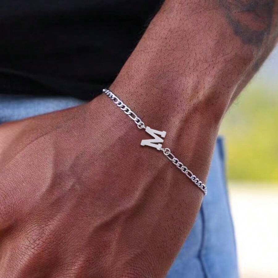 1pc Classic Fashion Initial Bracelet Men Silver Color Stainless Steel Figaro Chain Bracelets For Men - Silver - View 1