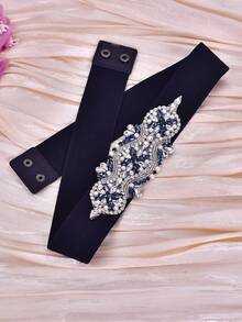 1 chiếc thắt lưng co giãn màu đen thời trang, trang trí thắt lưng cho trang phục trang trọng, trang trí thắt lưng bằng đá xanh navy cho tiệc cưới/tiệc tùng nữ - màu đen - Xem 6