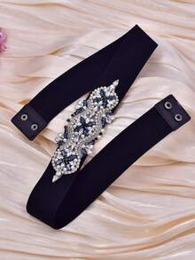 1 chiếc thắt lưng co giãn màu đen thời trang, trang trí thắt lưng cho trang phục trang trọng, trang trí thắt lưng bằng đá xanh navy cho tiệc cưới/tiệc tùng nữ - màu đen - Xem 3
