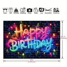 1 pieza Luz de neón que dice "Feliz Cumpleaños" que se ilumina como fondo para fiesta oscura, pared de ladrillos con grafiti, salpicaduras, fondo fotográfico colorido de estilo hip hop y decoración para sesión de fotos, Navidad - Multicolor - Ver 2