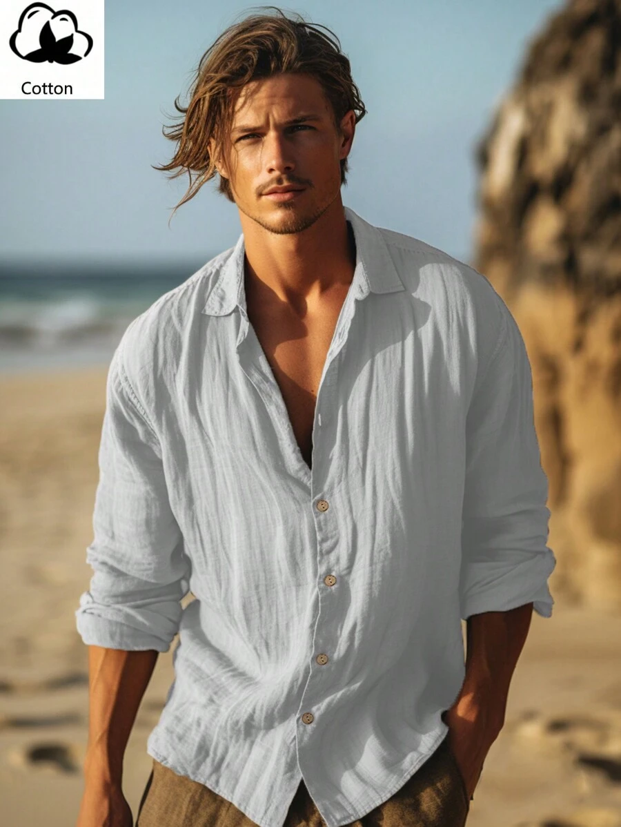 Men Linen/Bohemian Long Sleeve Shirt, For Fall - White - View 1