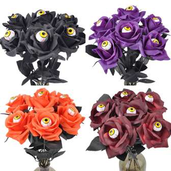 1pc Halloween Artificial Flower, Demon's Eye Decorative Flower, Black Rose & Red Rose, Holiday Party Decor, Table Centerpiece, Floral Arrangement, Halloween Home Decor Halloween Decor Room Decor