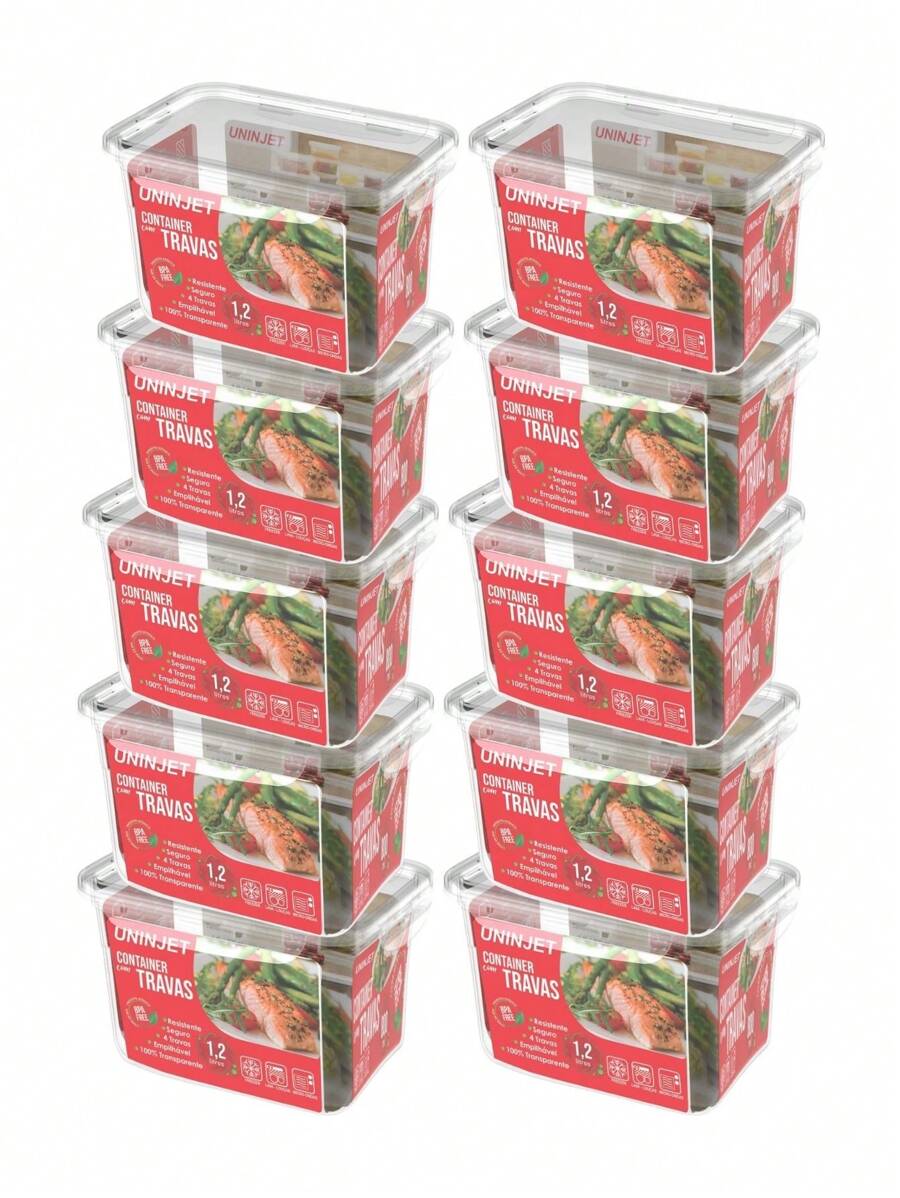 Kit 10 Plastic Pot Container With 4 Locks Sturdy Modern Design Practical 1200ml - Genomskinlig - Visa 1