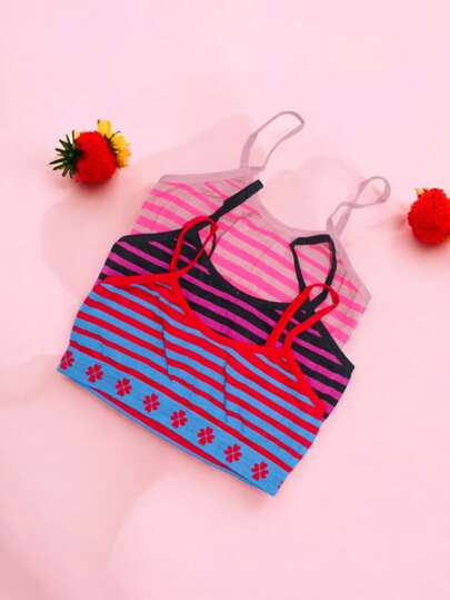 Conjunto de 3 Top de niña de microfibra, de diversos colores, diseño de líneas, cómodo y confortable