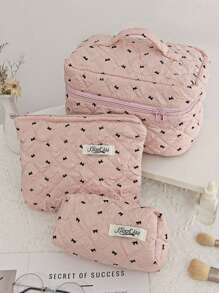 1pc Cute Black Bowknot Printed Makeup Bag Set With Black Bows S/M/L Size Cute Floral Cosmetic Bag With Aesthetic Toiletry Travel Organizer Bag For Women Girls Print Large Travel Vintage Quilted Makeup Bag For Women Skincare Organizer Bag Funky Pouch Gift For Teen Girls Women, For Back To School - Pink - View 1