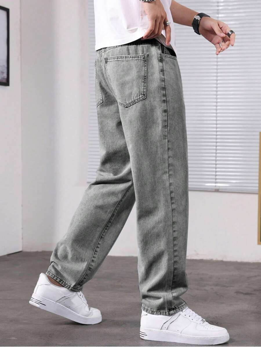 Men Casual Loose Straight Fit Pocket Denim Jeans - Light Grey - View 1