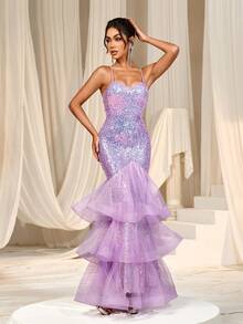 Faeriesty Váy dự tiệc sequin viền lưới phủ viền đuôi cá, váy dạ hội trang trọng, dành cho khách dự tiệc cưới, tốt nghiệp, tiệc tối - Màu Lilac Tím - Xem 3