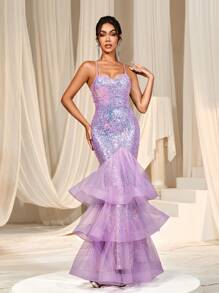 Faeriesty Váy dự tiệc sequin viền lưới phủ viền đuôi cá, váy dạ hội trang trọng, dành cho khách dự tiệc cưới, tốt nghiệp, tiệc tối - Màu Lilac Tím - Xem 1