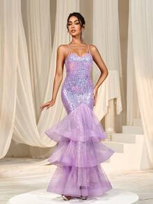 Faeriesty Váy dự tiệc sequin viền lưới phủ viền đuôi cá, váy dạ hội trang trọng, dành cho khách dự tiệc cưới, tốt nghiệp, tiệc tối - Màu Lilac Tím - Xem 4