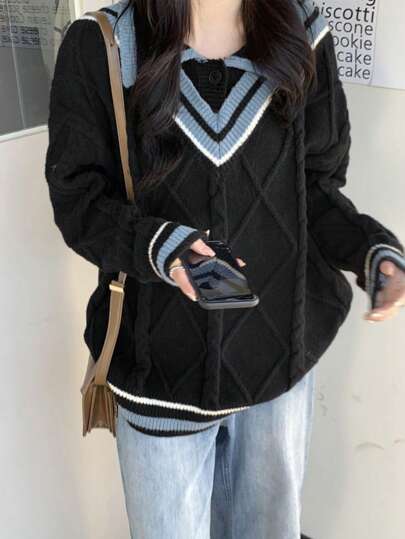 2 In 1 Polo Collar Loose Pullover Sweater, Casual Long Sleeve Color Block For Women