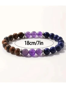 1pc Natural Color Handmade Woven Gemstone Bracelet, Unisex Single Wrap Obsidian & Tiger Eye Stone Bracelet - Multicolor - View 7