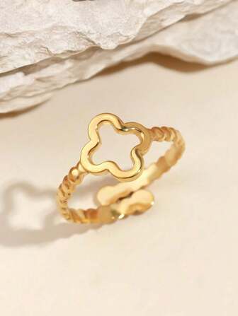 قطعة واحدة خاتم ذهبي مفتوح على شكل زهرة البرسيم بتصميم بسيط وأنيق من الفولاذ المقاوم للصدأ، مناسب للنساء للارتداء اليومي أو كهدية لعيد الحب، الأم، عيد الأم