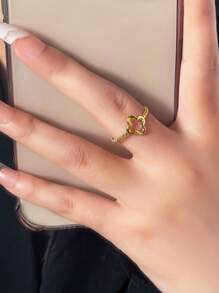 1 件不锈钢时尚简约创意女士金色花朵三叶草形状开口戒指，适合女性日常佩戴或赠送情人节、妈妈、母亲、母亲节、礼物 - 金黃色 - 查看 4